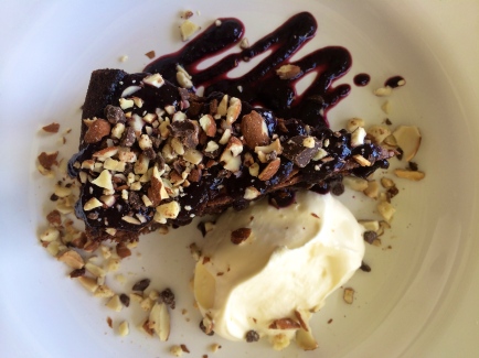 Special days involve lunch dessert: flour less chocolate cake + blueberry coulis + fresh whipped cream.